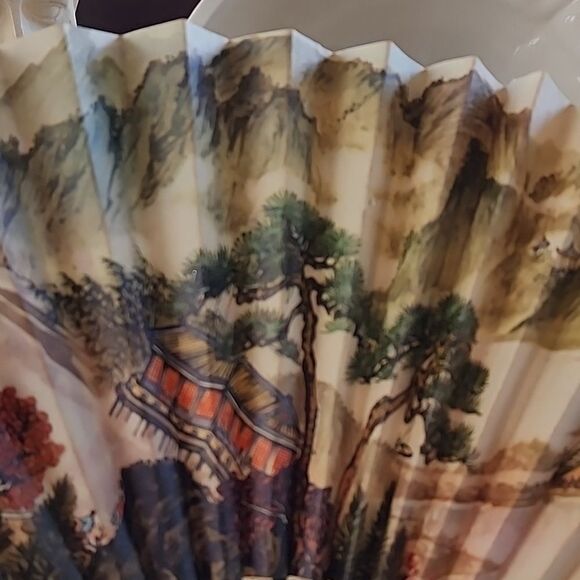 Vintage Bamboo Wood and Paper Landscape Figural, Scenery and Pagodas Fan - Picture 3 of 9